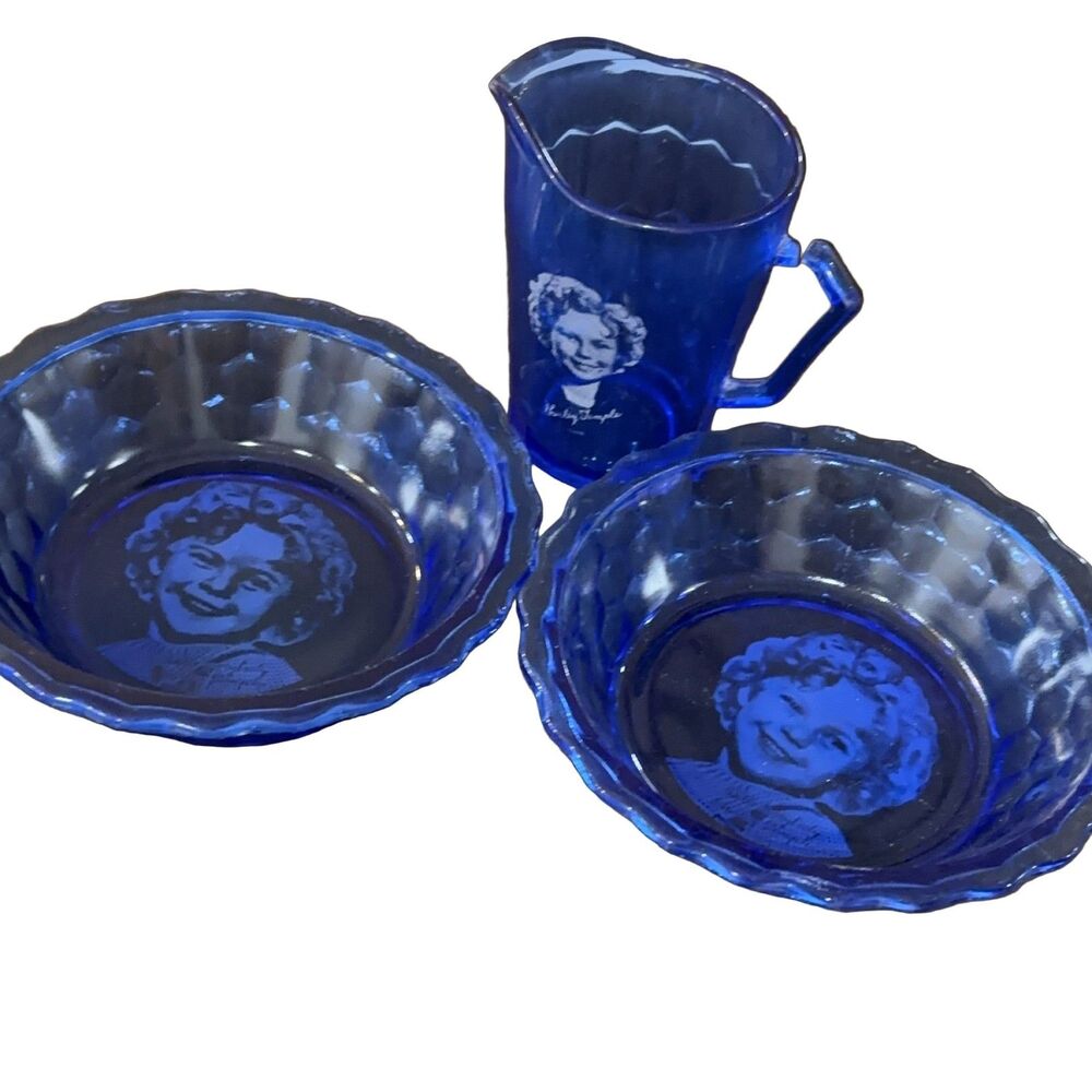 Shirley Temple Cobalt Blue Depression Glass Pitcher & Bowls Set 1930 Vintage
